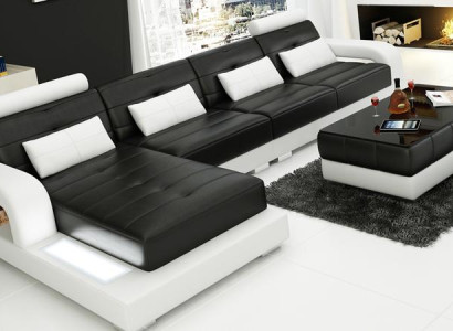 Corner sofa Leather + Coffee table Corner Sofa Couch Upholstery Suite Living landscape Corner